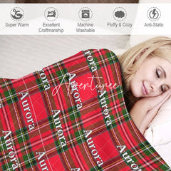 Aperturee - Aperturee Christmas Green Red Plaid Custom Repeat Name Blanket