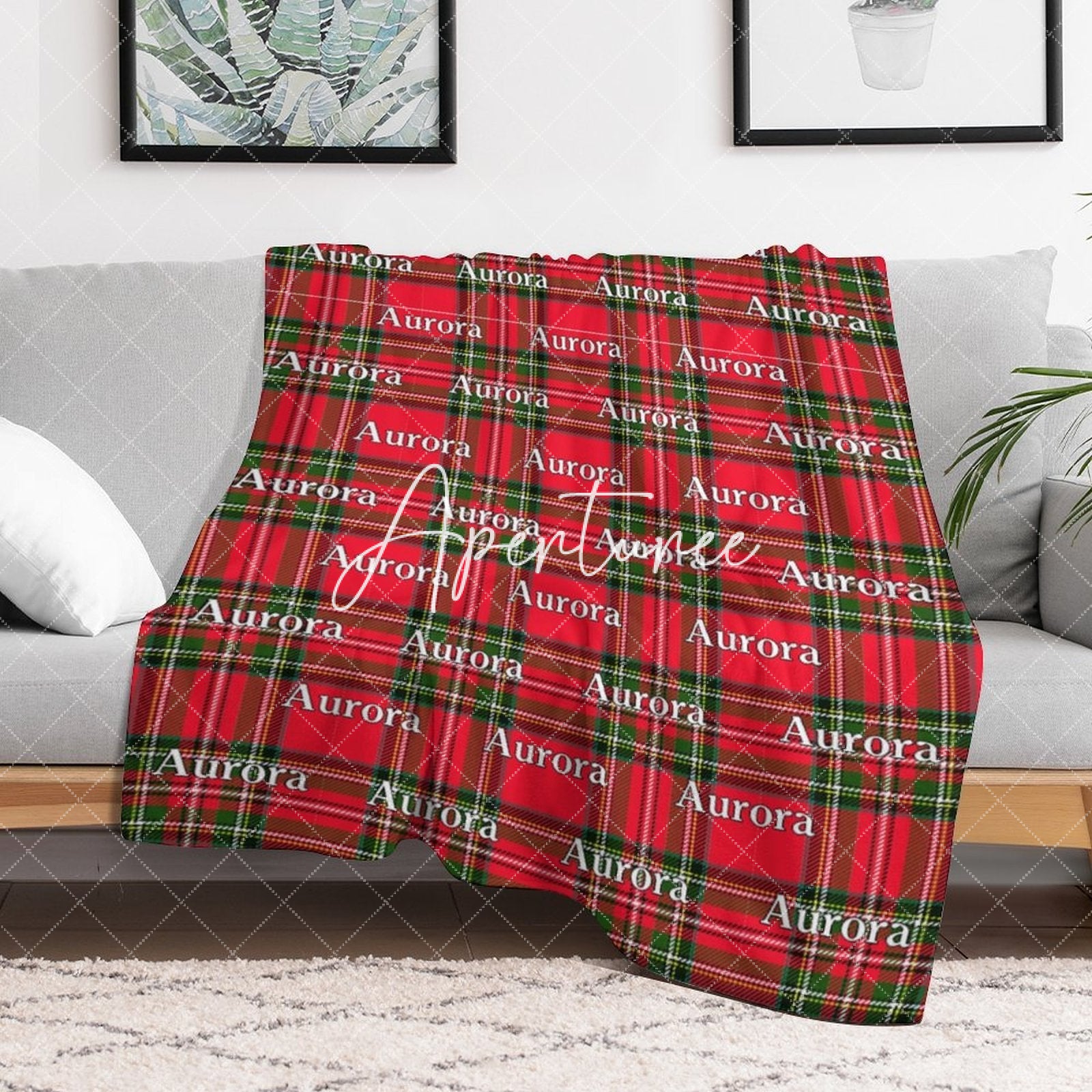 Aperturee - Aperturee Christmas Green Red Plaid Custom Repeat Name Blanket