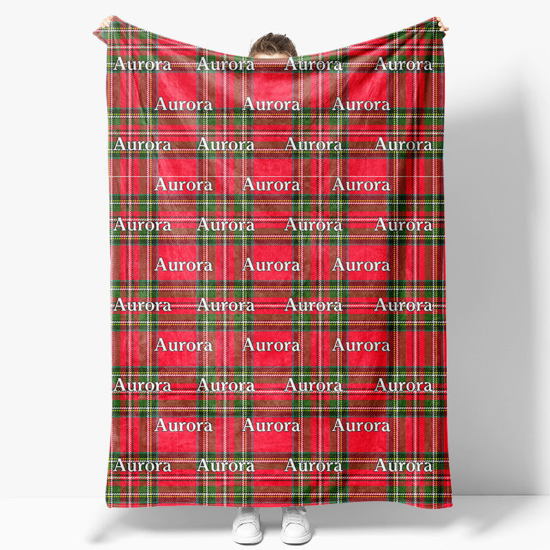 Aperturee - Aperturee Christmas Green Red Plaid Custom Repeat Name Blanket