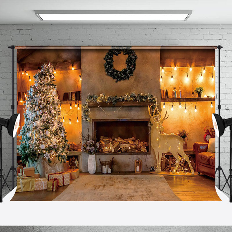 Aperturee - Aperturee Christmas Night Room Lights Fireplace Tree Backdrop