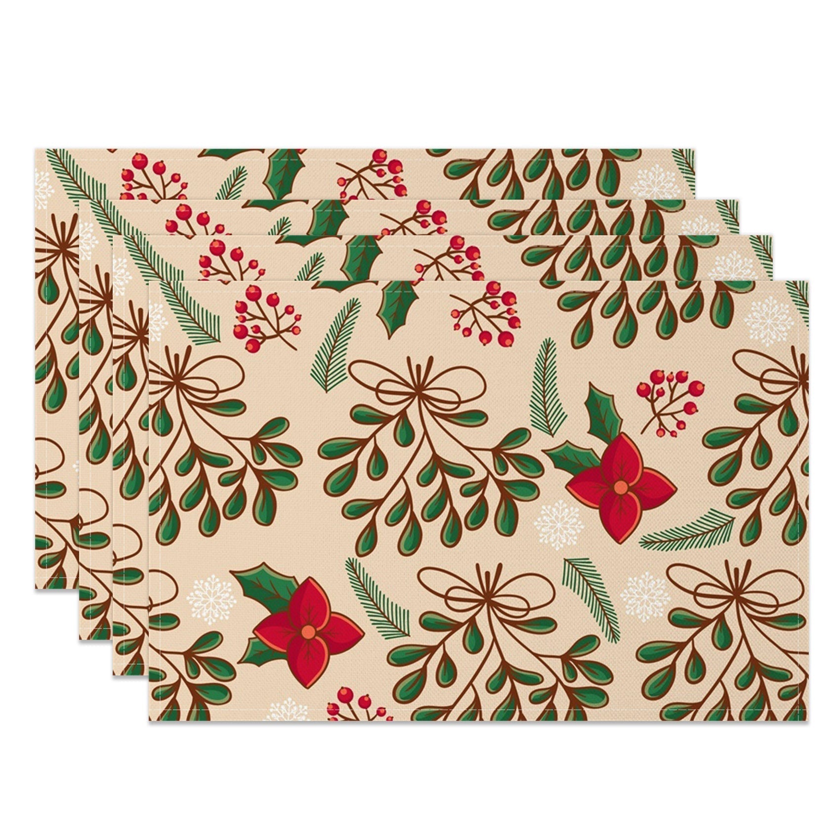 Aperturee - Aperturee Christmas Poinsettia Leaves Print Set Of 4 Placemats