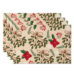 Aperturee - Aperturee Christmas Poinsettia Leaves Print Set Of 4 Placemats