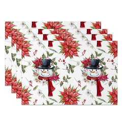 Aperturee - Aperturee Christmas Poinsettia Snowman Set Of 4 Placemats