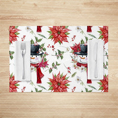 Aperturee - Aperturee Christmas Poinsettia Snowman Set Of 4 Placemats