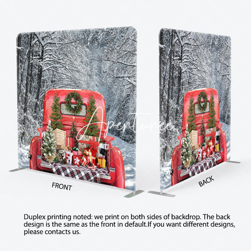 Aperturee - Aperturee Christmas Red Truck Snowy Tension Fabric Backdrop