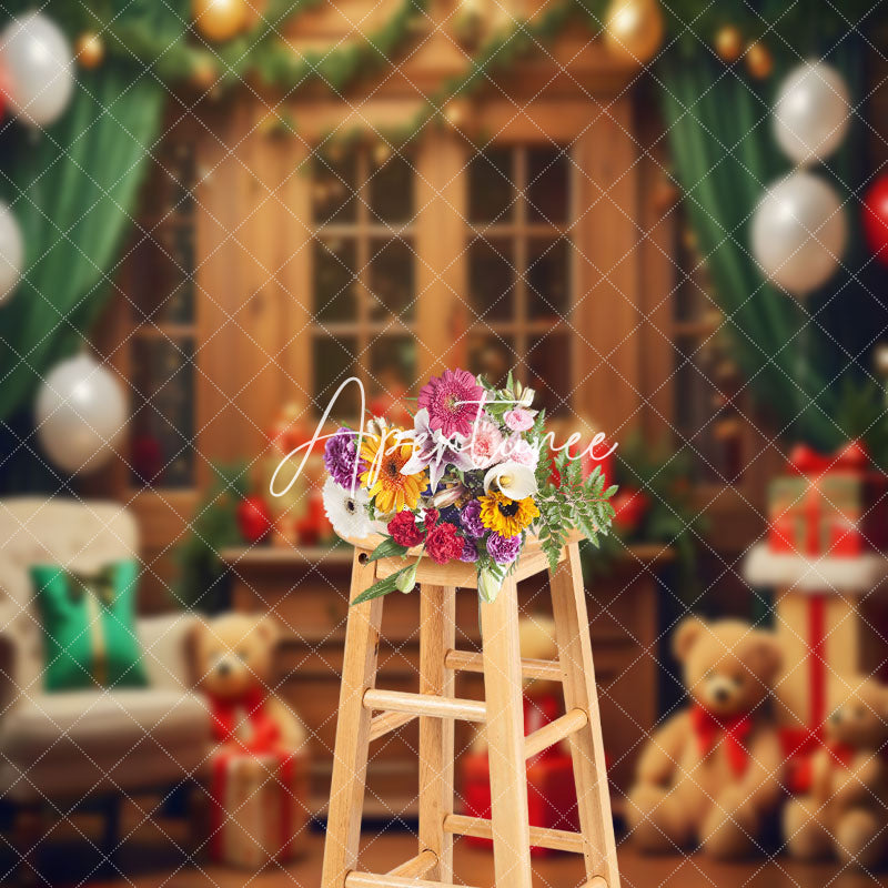 Aperturee - Aperturee Christmas Room With Teddy Bears Gifts Cozy Backdrop