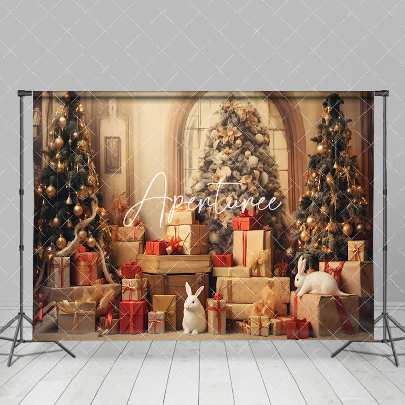 Aperturee - Aperturee Christmas Scene Golden Ornaments Rabbit Backdrop