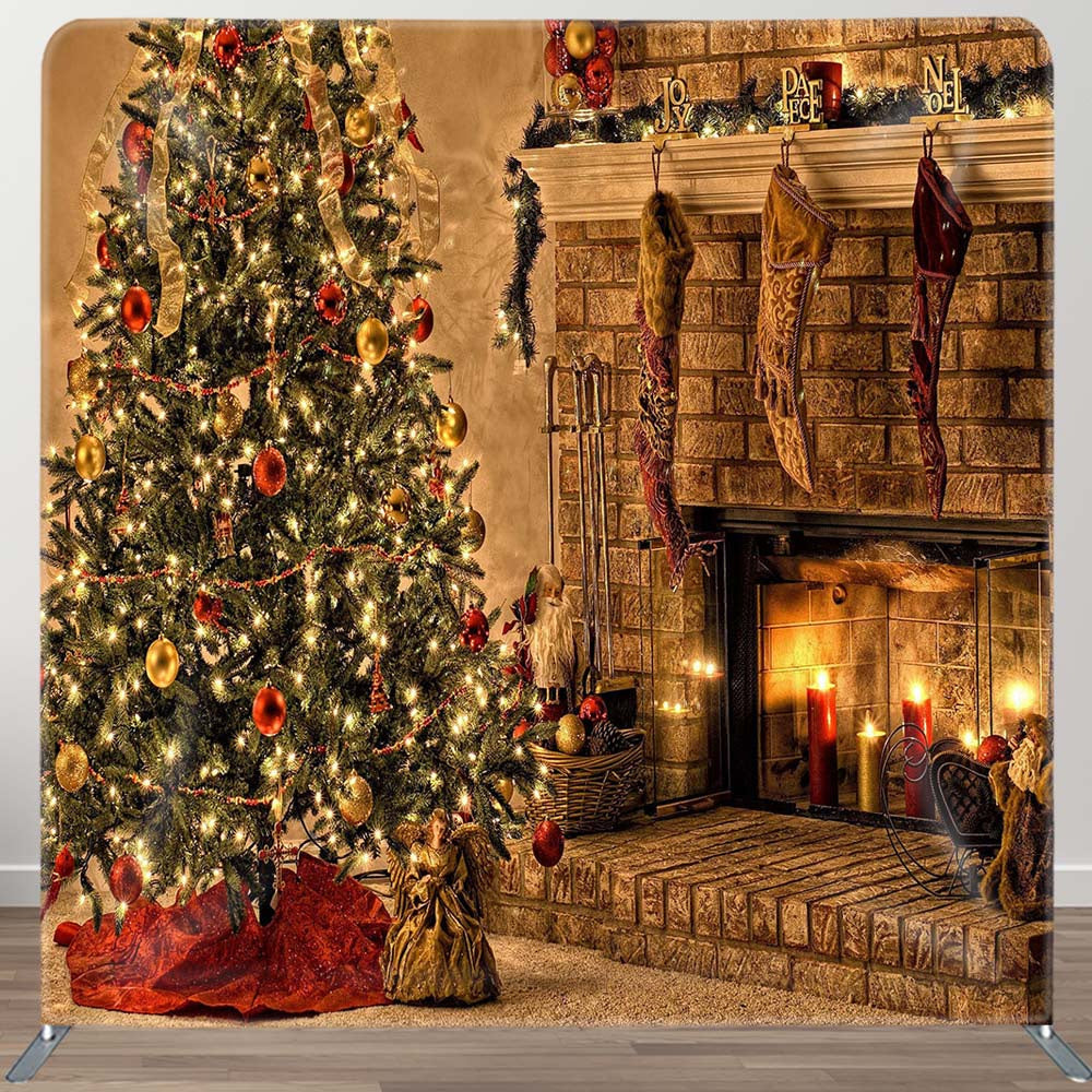 Aperturee - Aperturee Christmas Tree Fireplace Candles Tension Fabric Backdrop