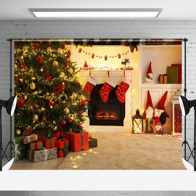 Aperturee - Aperturee Christmas Tree Gift Fireplace Sofa Gnome Backdrop