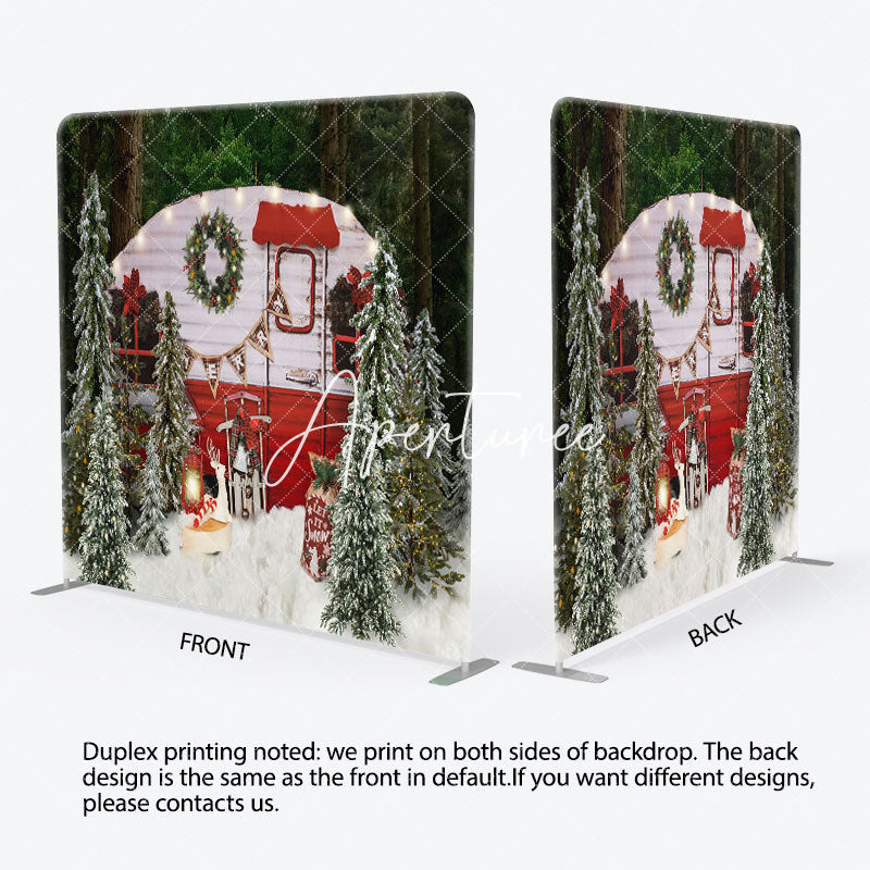 Aperturee - Aperturee Christmas Tree Red Bus Scene Pillow Cover Backdrop