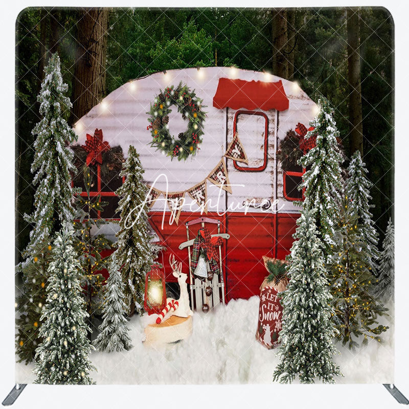 Aperturee - Aperturee Christmas Tree Red Bus Scene Pillow Cover Backdrop