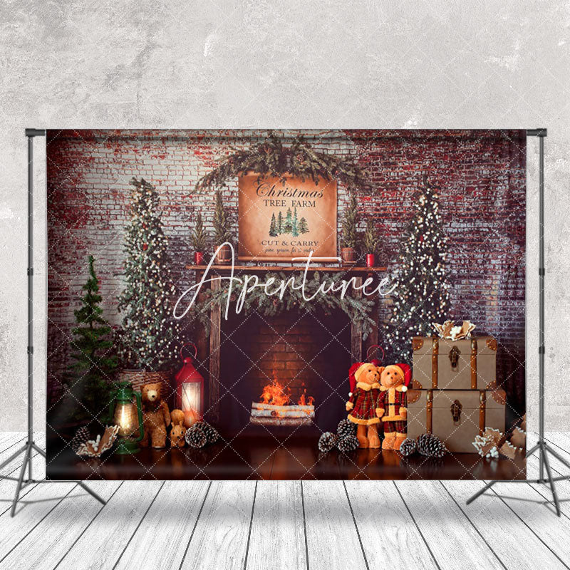 Aperturee - Aperturee Christmas Tree Vintage Brick Wall Fireplace Backdrop