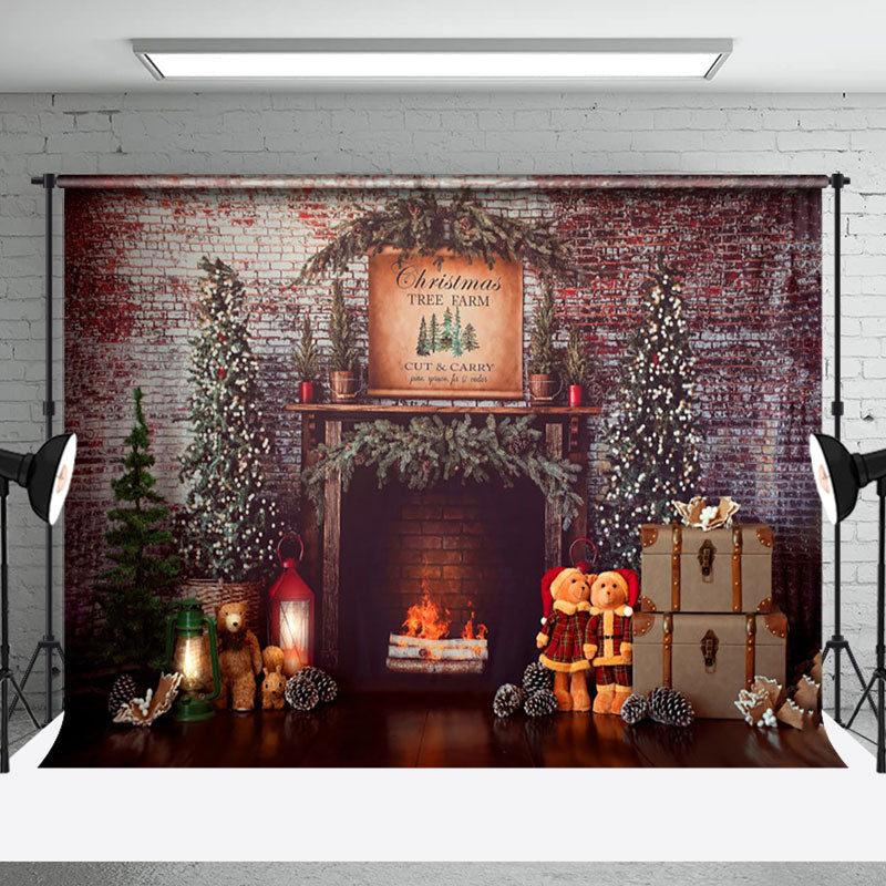 Aperturee - Aperturee Christmas Tree Vintage Brick Wall Fireplace Backdrop