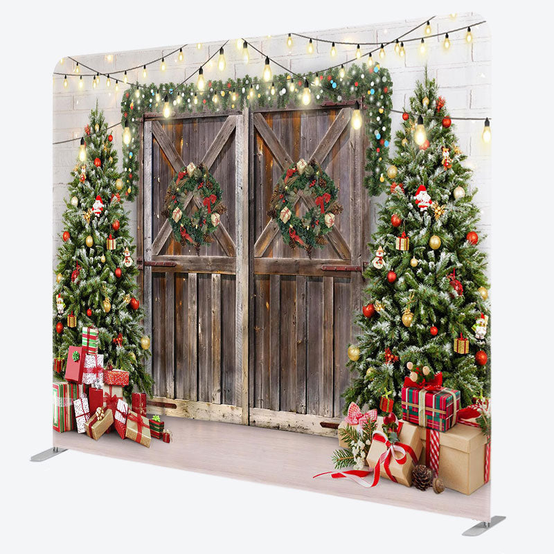 Aperturee - Aperturee Christmas Tree Wood Door Gift Tension Fabric Backdrop