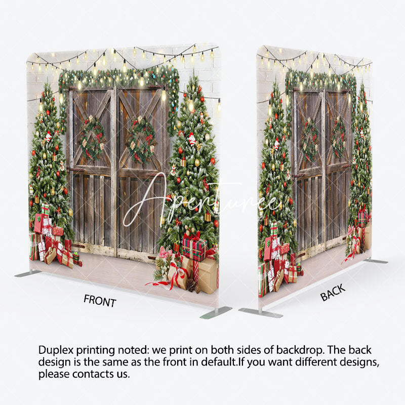 Aperturee - Aperturee Christmas Tree Wood Door Gift Tension Fabric Backdrop