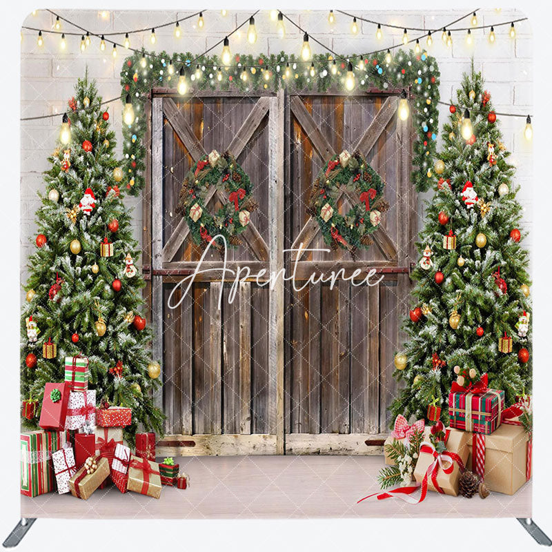 Aperturee - Aperturee Christmas Tree Wood Door Gift Tension Fabric Backdrop