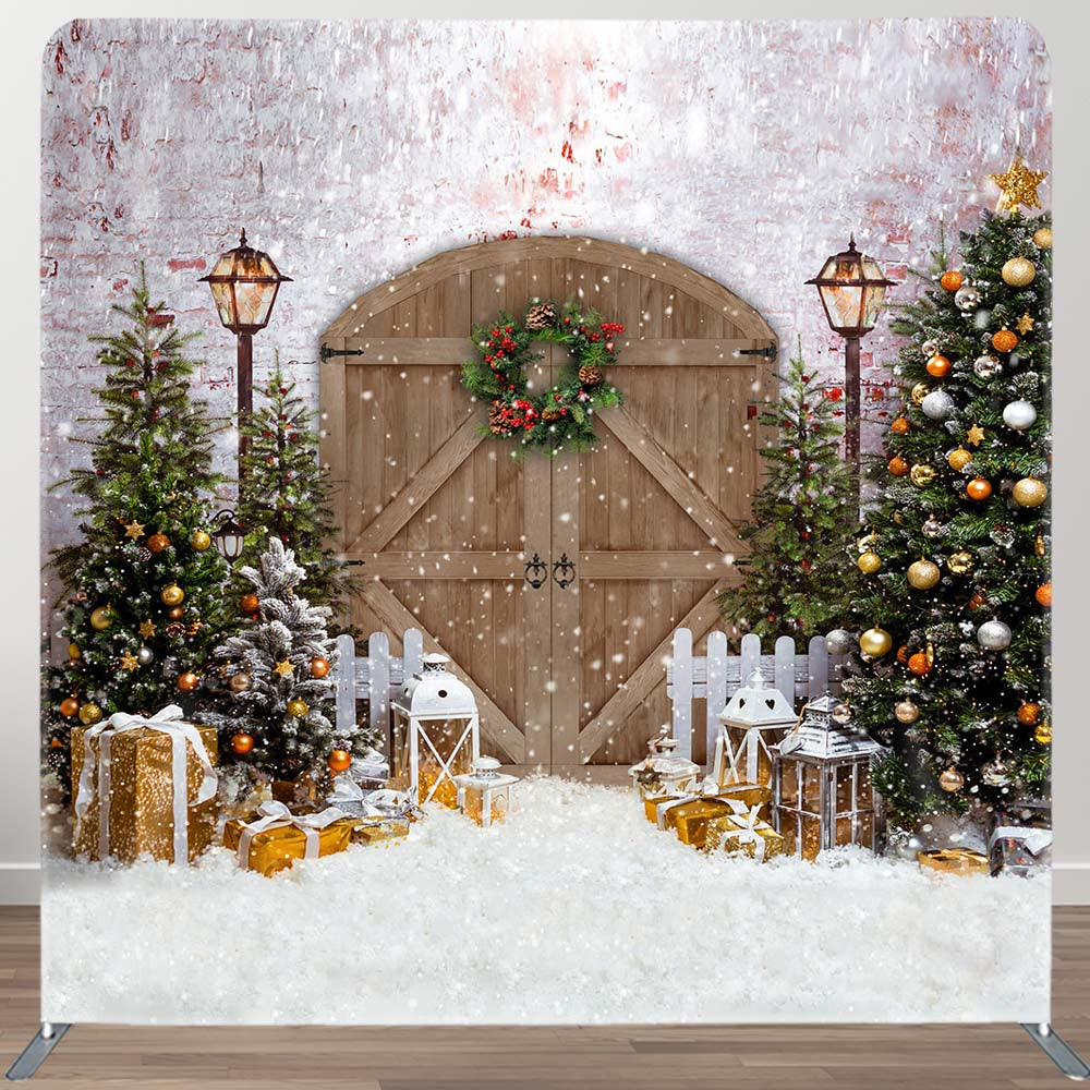 Aperturee - Aperturee Christmas Tree Wreath Brown Gate Pillow Case Backdrop