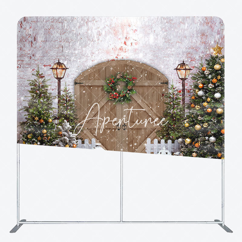 Aperturee - Aperturee Christmas Tree Wreath Brown Gate Pillow Case Backdrop