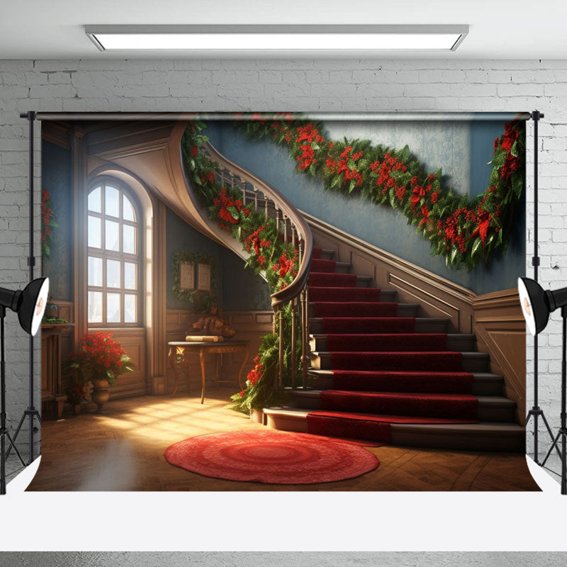 Aperturee - Aperturee Christmas Vibe House Poinsettia Stairs Backdrop