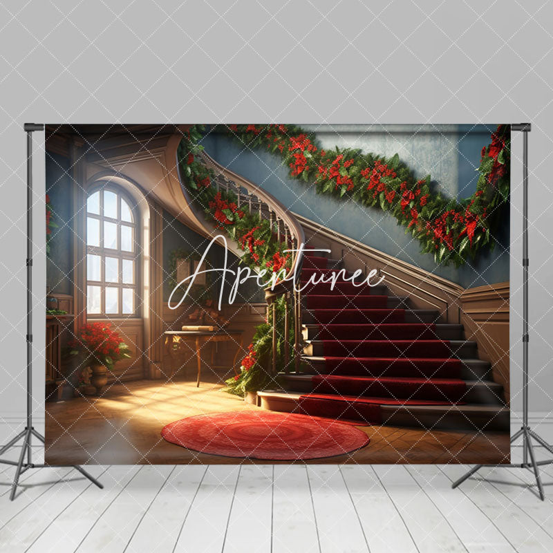 Aperturee - Aperturee Christmas Vibe House Poinsettia Stairs Backdrop