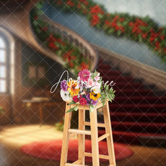 Aperturee - Aperturee Christmas Vibe House Poinsettia Stairs Backdrop