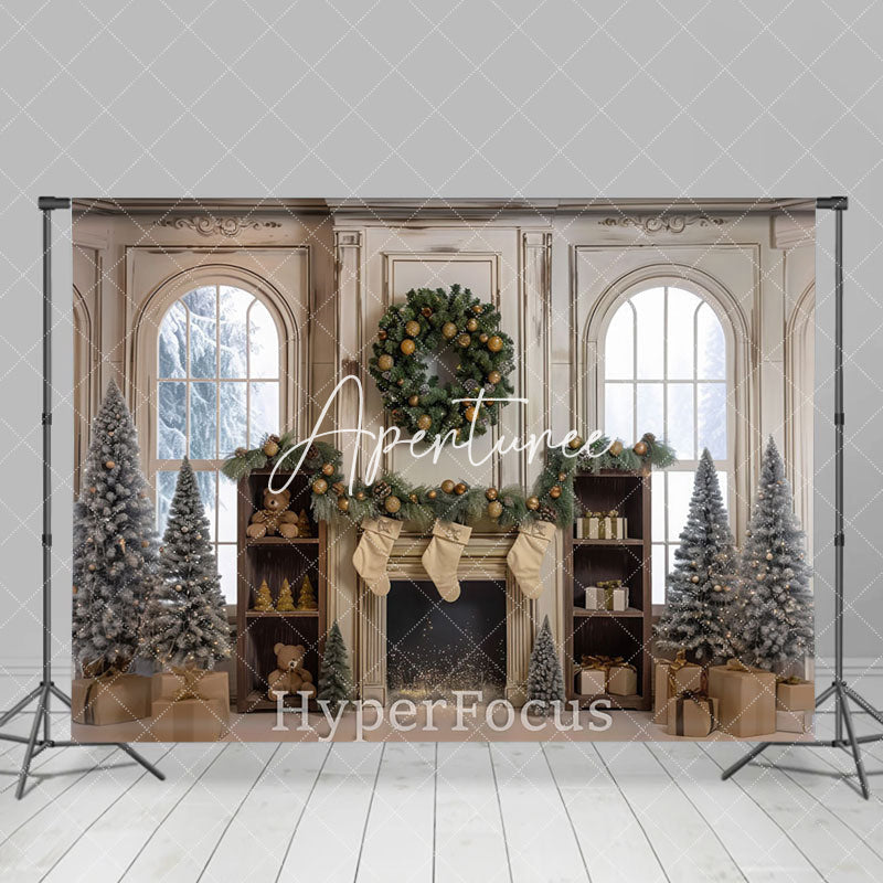 Aperturee - Aperturee Christmas White Fireplace Tree Window Scene Backdrop