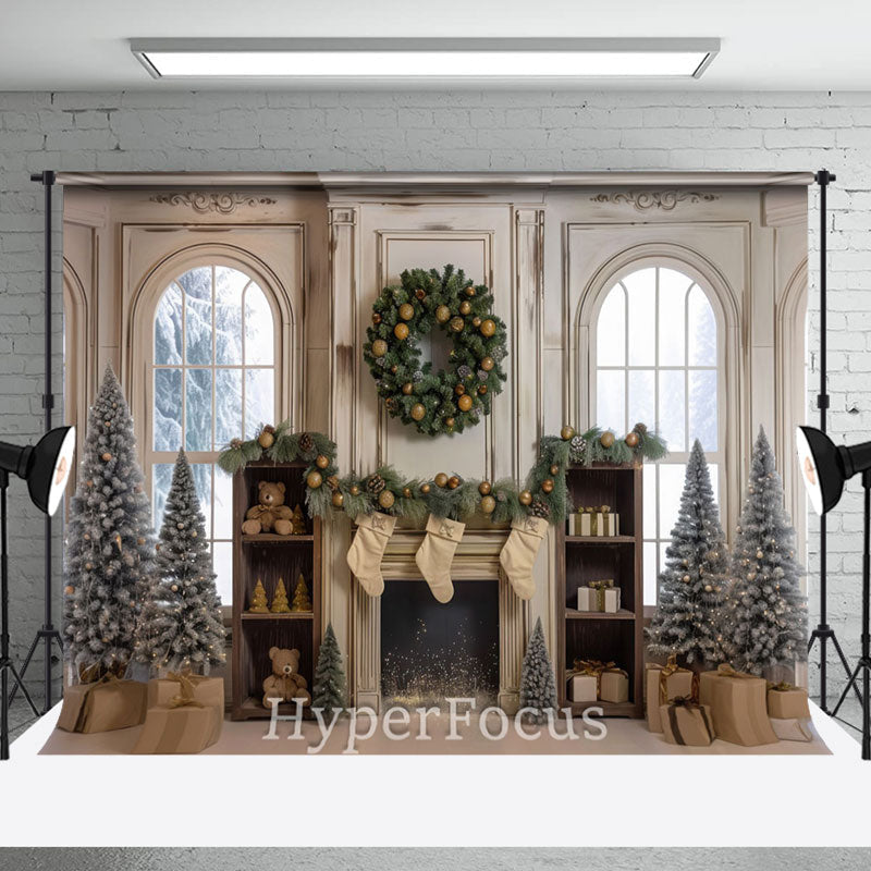 Aperturee - Aperturee Christmas White Fireplace Tree Window Scene Backdrop