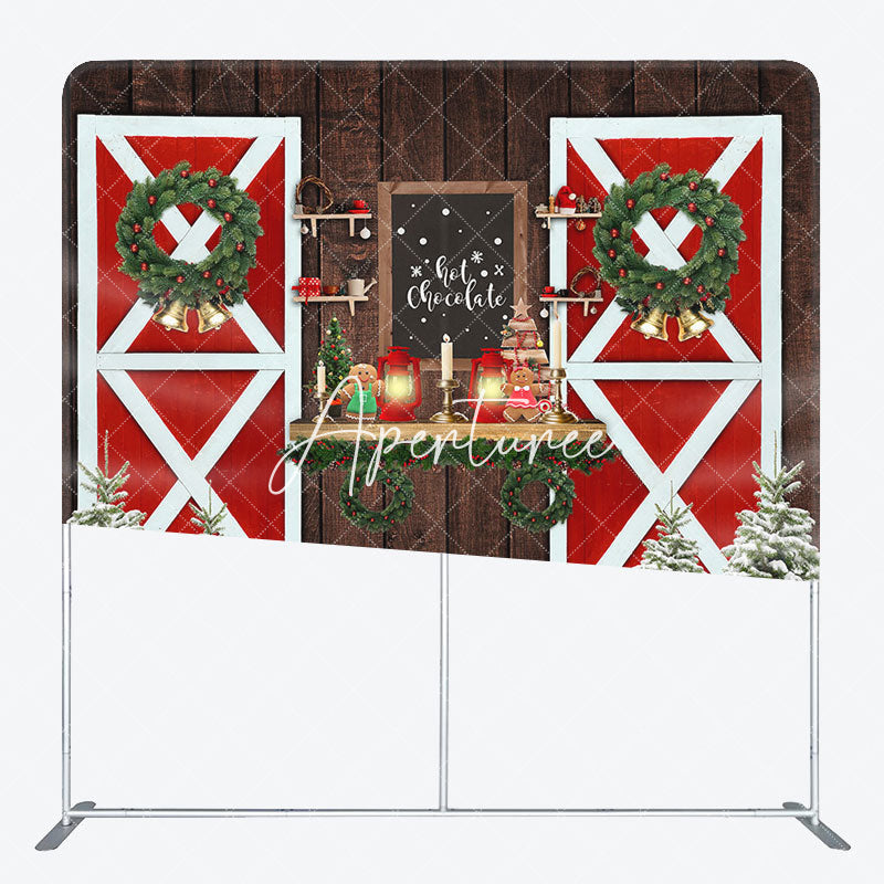 Aperturee - Aperturee Christmas Wood Red Door Square Arch Fabric Backdrop