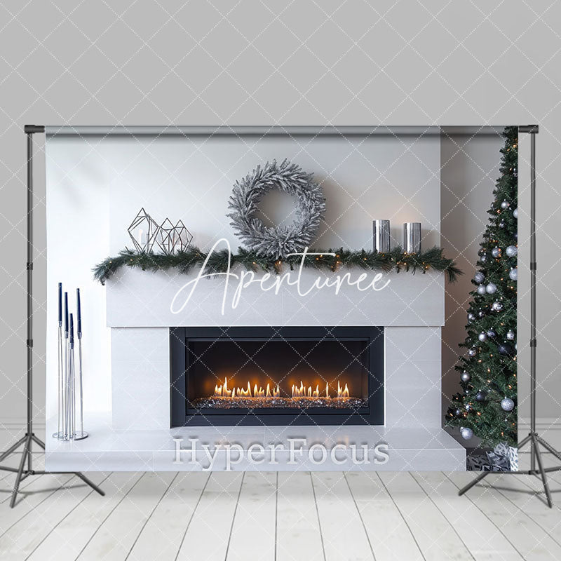 Aperturee - Aperturee Christmas Wreath White Fireplace Photo Backdrop