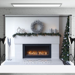 Aperturee - Aperturee Christmas Wreath White Fireplace Photo Backdrop