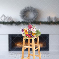 Aperturee - Aperturee Christmas Wreath White Fireplace Photo Backdrop