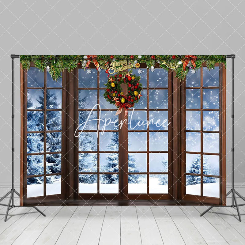 Aperturee - Aperturee Christmas Wreath Window Holiday Cozy Winter Backdrop