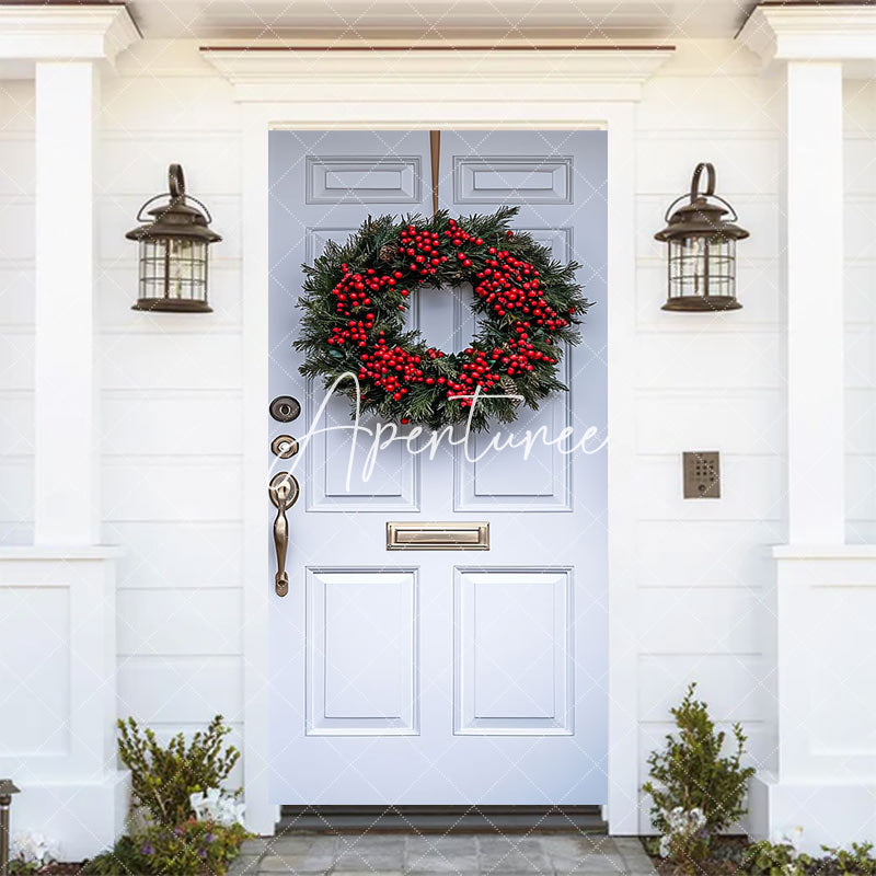 Aperturee - Aperturee Christmas Wreath With Red Bow Pinecones Door Cover