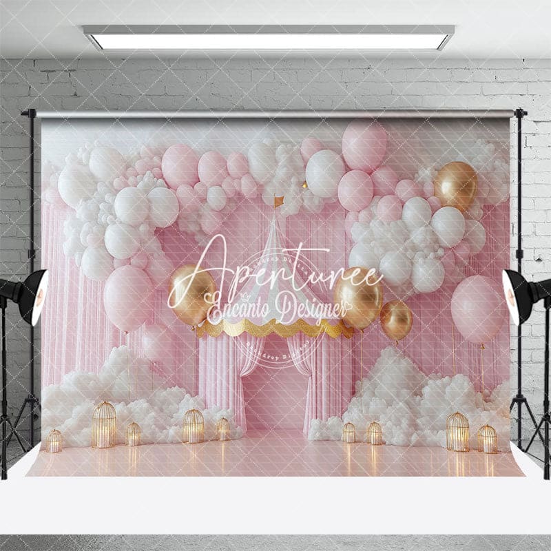 Aperturee - Aperturee Circus Tent Pink White Balloons Photography Backdrop