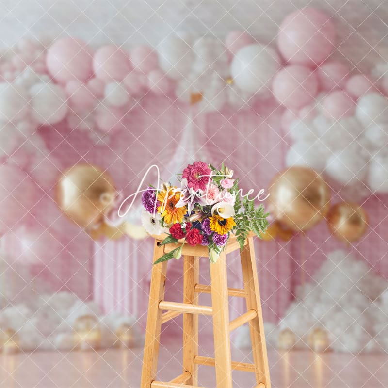 Aperturee - Aperturee Circus Tent Pink White Balloons Photography Backdrop