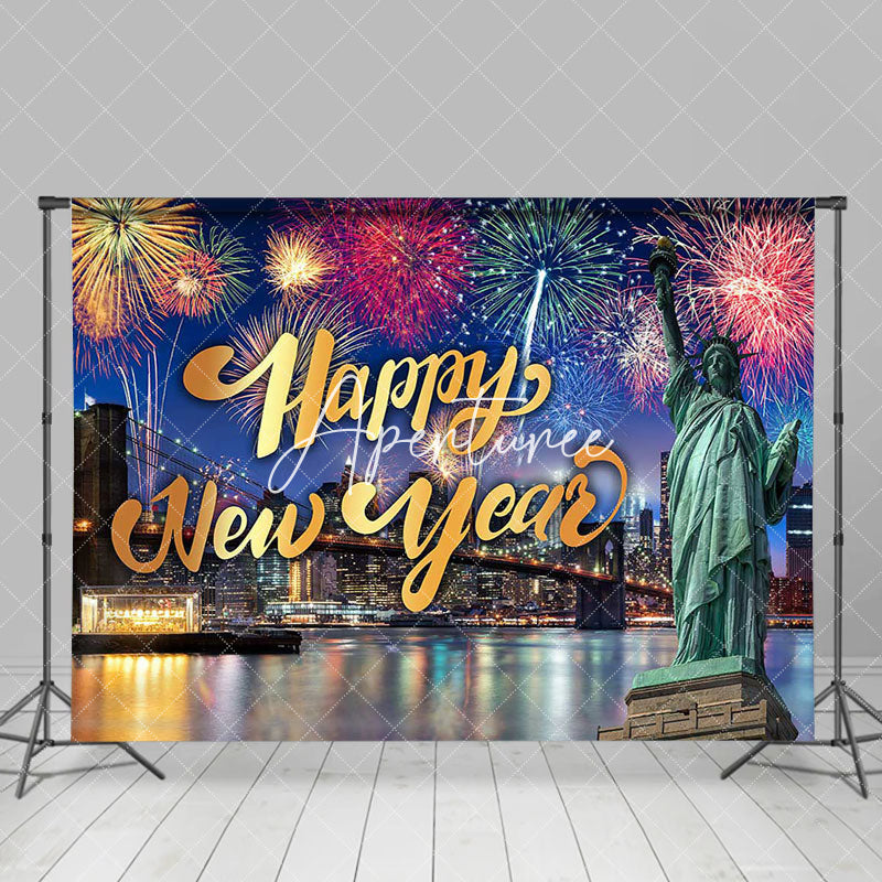 Aperturee - Aperturee City Scene Sparkle Statue Happy New Year Backdrop