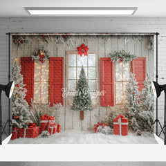 Aperturee - Aperturee Classic Red Snowy Trees Christmas Living Room Backdrop