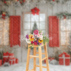 Aperturee - Aperturee Classic Red Snowy Trees Christmas Living Room Backdrop