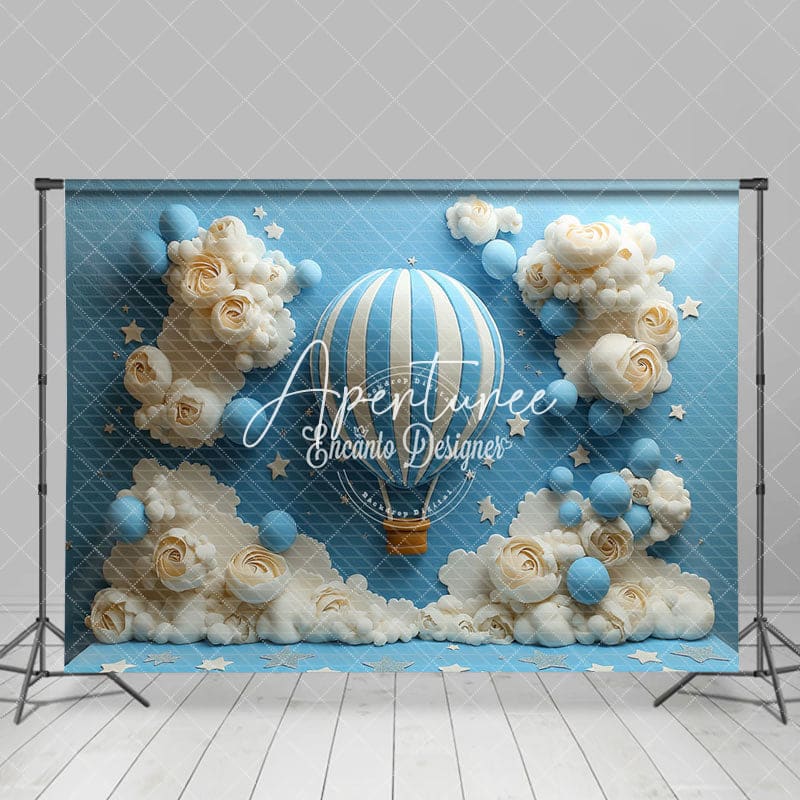 Aperturee - Aperturee Cloud Floral Blue Hot Air Balloon Cake Smash Backdrop