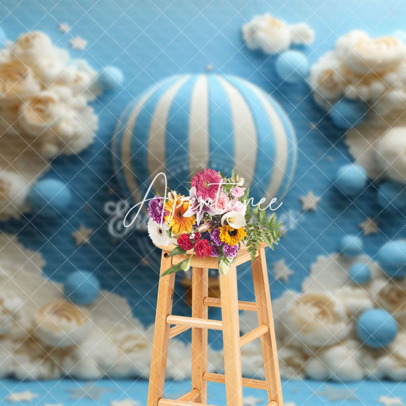 Aperturee - Aperturee Cloud Floral Blue Hot Air Balloon Cake Smash Backdrop