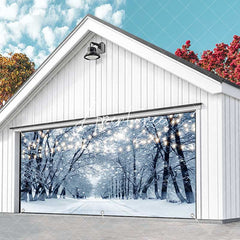 Aperturee - Aperturee Cloudy Snow Trees Light Boulevard Garage Door Banner