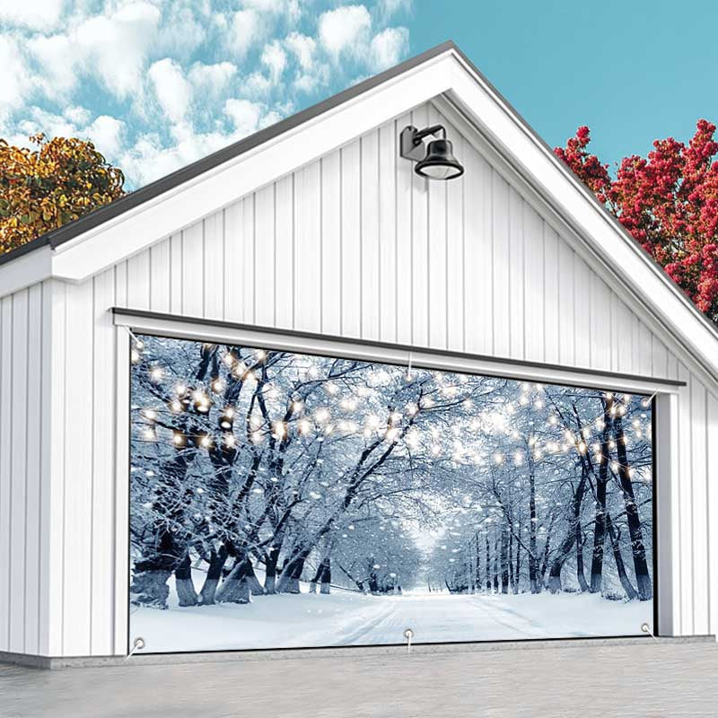 Aperturee - Aperturee Cloudy Snow Trees Light Boulevard Garage Door Banner