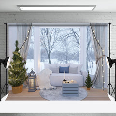 Aperturee - Aperturee Cold Snowy Forest Window Sofa Winter Photo Backdrop