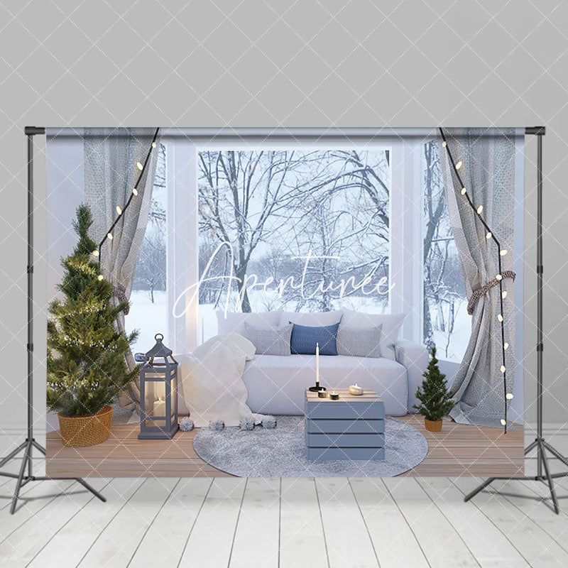 Aperturee - Aperturee Cold Snowy Forest Window Sofa Winter Photo Backdrop