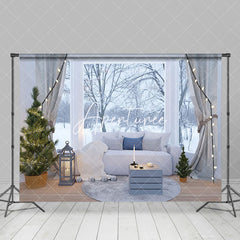 Aperturee - Aperturee Cold Snowy Forest Window Sofa Winter Photo Backdrop