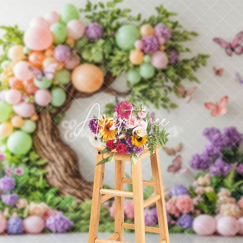 Aperturee - Aperturee Color Balloon Tree Floral Butterfly Cake Smash Backdrop