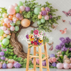 Aperturee - Aperturee Color Balloon Tree Floral Butterfly Cake Smash Backdrop