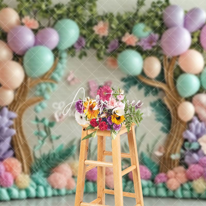 Aperturee - Aperturee Color Balloons Floral Trees Fairy Cake Smash Backdrop