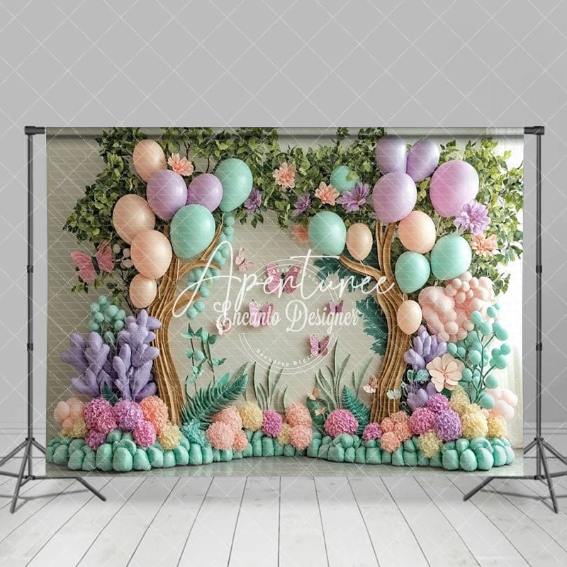 Aperturee - Aperturee Color Balloons Floral Trees Fairy Cake Smash Backdrop