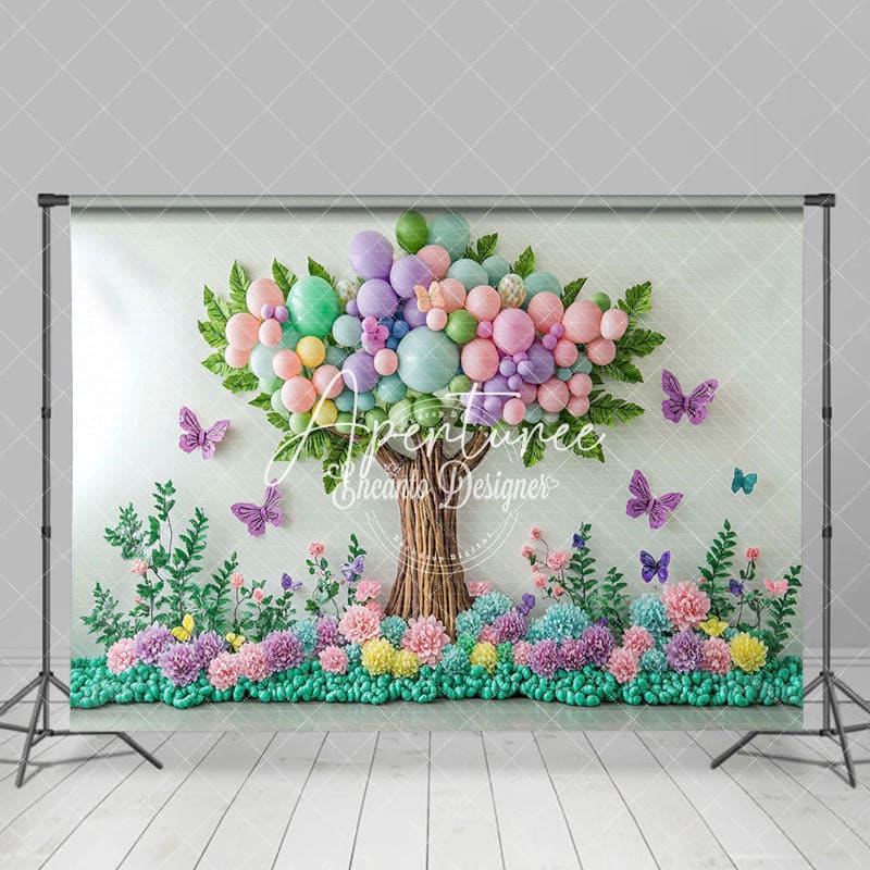 Aperturee - Aperturee Color Balloons Tree Butterfly Cake Smash Backdrop